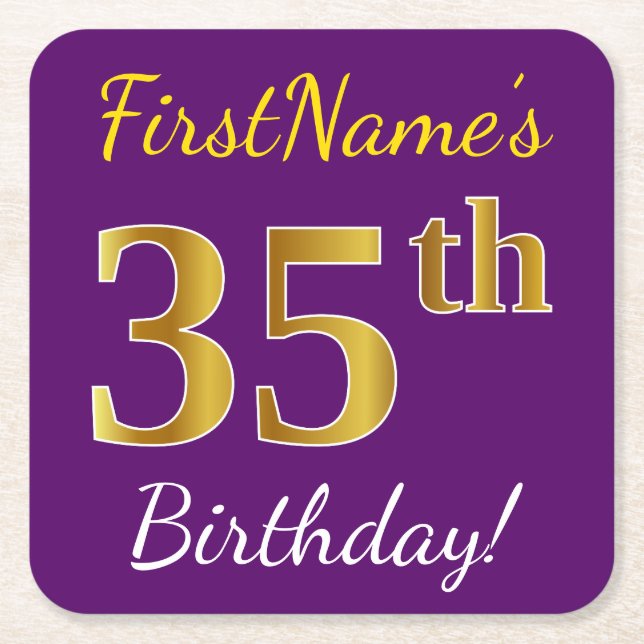 Purple, Faux Gold 35th Birthday + Custom Name Square Paper Coaster (Front)