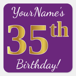 Purple, Faux Gold 35th Birthday + Custom Name Square Sticker