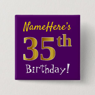 Purple, Faux Gold 35th Birthday, With Custom Name 15 Cm Square Badge
