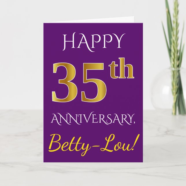 Purple, Faux Gold 35th Wedding Anniversary + Name Card (Front)