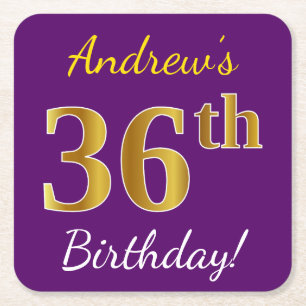 Purple, Faux Gold 36th Birthday + Custom Name Square Paper Coaster