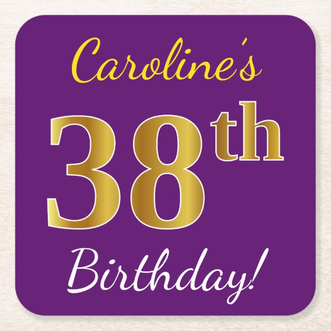 Purple, Faux Gold 38th Birthday + Custom Name Square Paper Coaster (Front)