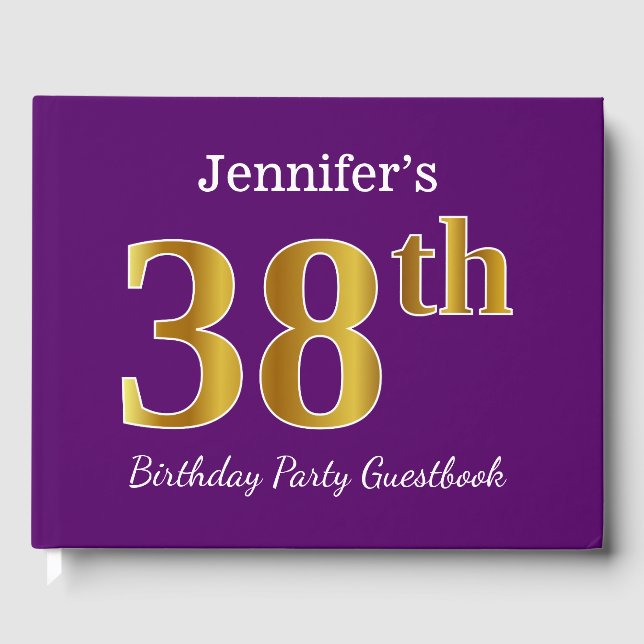 Purple, Faux Gold 38th Birthday Party; Custom Name Guest Book (Front)