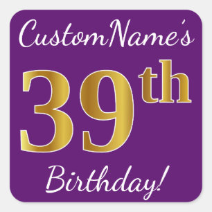 Purple, Faux Gold 39th Birthday + Custom Name Square Sticker