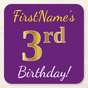 Purple, Faux Gold 3rd Birthday + Custom Name Square Paper Coaster