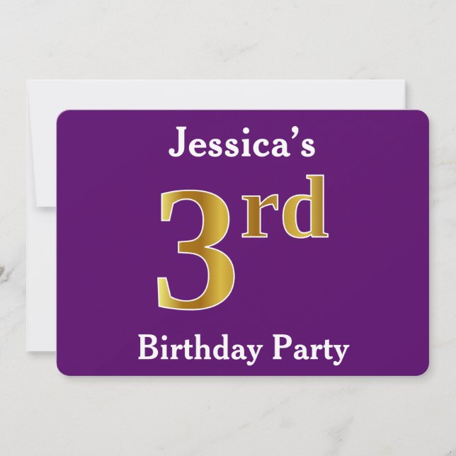 Purple, Faux Gold 3rd Birthday Party + Custom Name Invitation (Front)