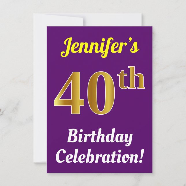 Purple, Faux Gold 40th Birthday Celebration + Name Invitation (Front)