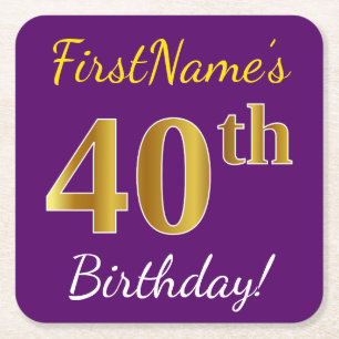 Purple, Faux Gold 40th Birthday + Custom Name Square Paper Coaster