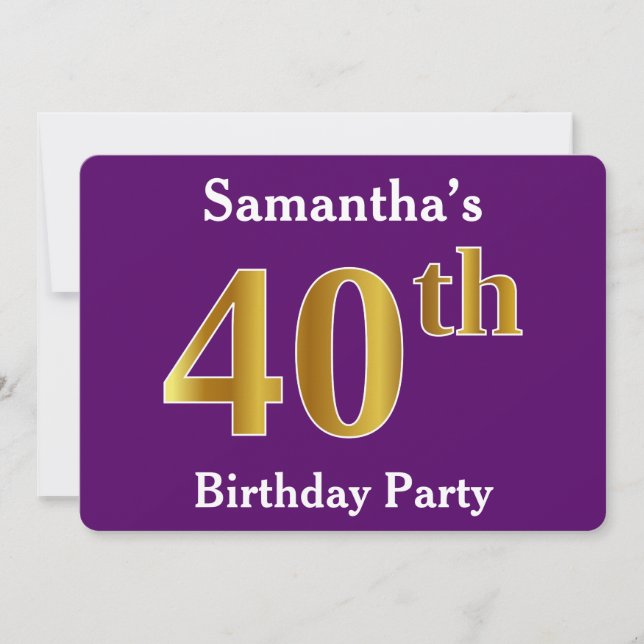 Purple, Faux Gold 40th Birthday Party; Custom Name Invitation (Front)