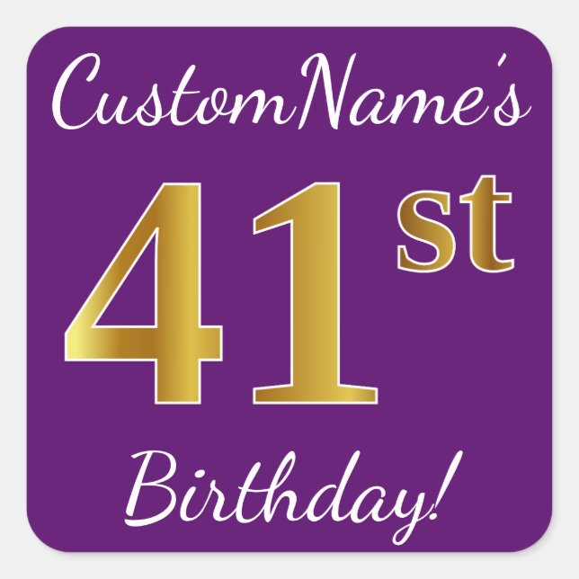 Purple, Faux Gold 41st Birthday + Custom Name Square Sticker (Front)