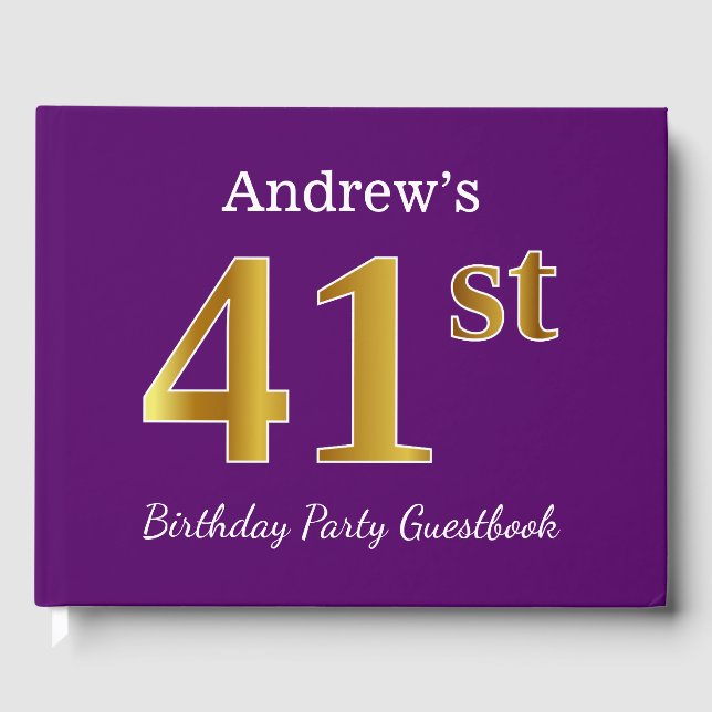 Purple, Faux Gold 41st Birthday Party; Custom Name Guest Book (Front)