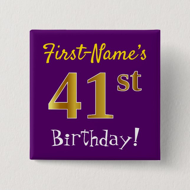 Purple, Faux Gold 41st Birthday, With Custom Name 15 Cm Square Badge (Front)