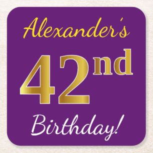 Purple, Faux Gold 42nd Birthday + Custom Name Square Paper Coaster