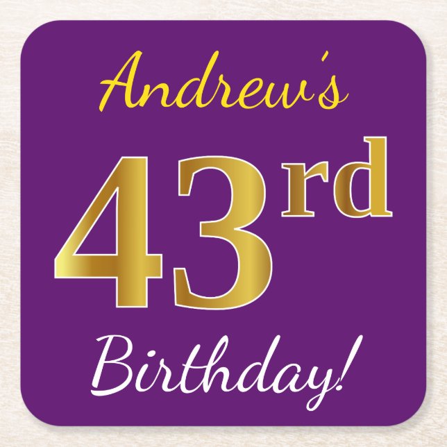 Purple, Faux Gold 43rd Birthday + Custom Name Square Paper Coaster (Front)