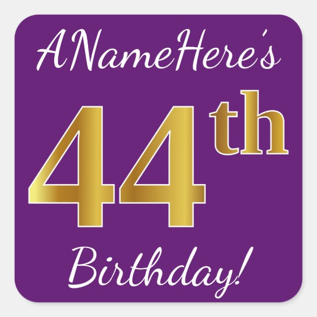 Purple, Faux Gold 44th Birthday + Custom Name Square Sticker (Front)