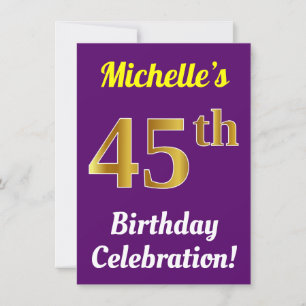 Purple, Faux Gold 45th Birthday Celebration + Name Invitation