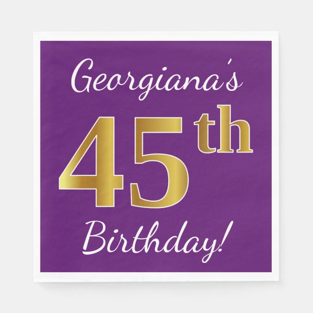 Purple, Faux Gold 45th Birthday + Custom Name Napkin (Front)