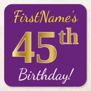 Purple, Faux Gold 45th Birthday + Custom Name Square Paper Coaster