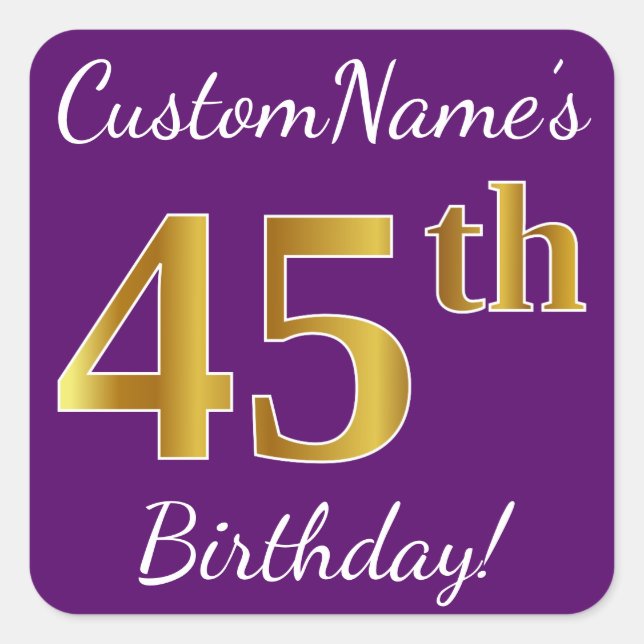 Purple, Faux Gold 45th Birthday + Custom Name Square Sticker (Front)