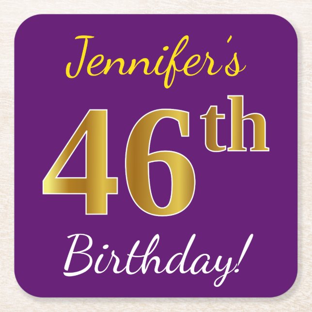Purple, Faux Gold 46th Birthday + Custom Name Square Paper Coaster (Front)