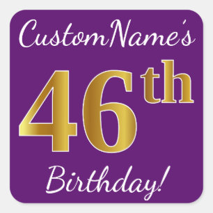 Purple, Faux Gold 46th Birthday + Custom Name Square Sticker