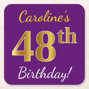 Purple, Faux Gold 48th Birthday + Custom Name Square Paper Coaster