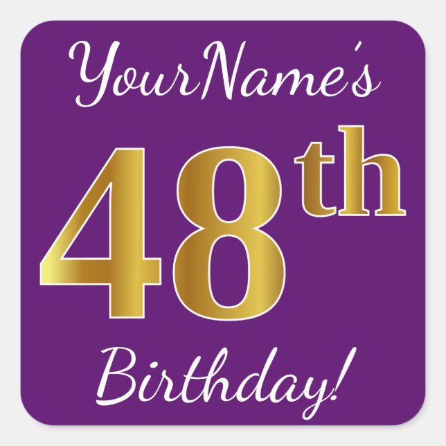 Purple, Faux Gold 48th Birthday + Custom Name Square Sticker (Front)