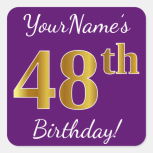 Purple, Faux Gold 48th Birthday + Custom Name Square Sticker