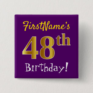 Purple, Faux Gold 48th Birthday, With Custom Name 15 Cm Square Badge