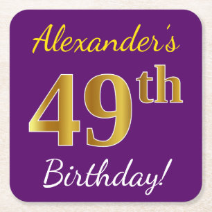 Purple, Faux Gold 49th Birthday + Custom Name Square Paper Coaster