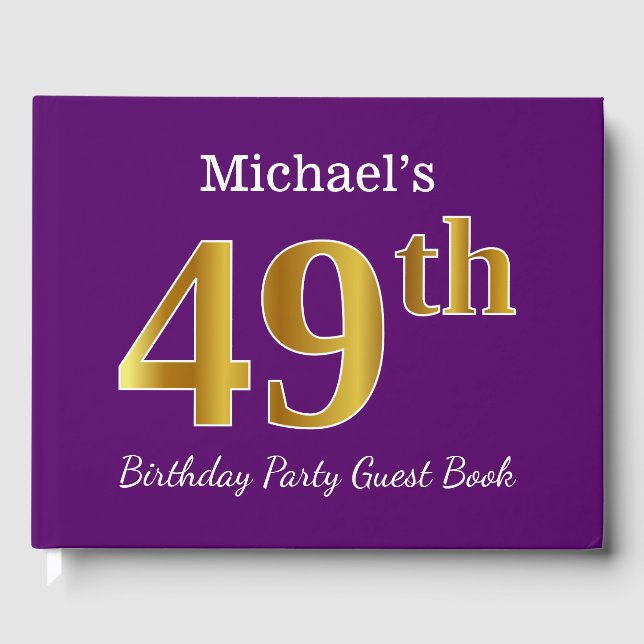 Purple, Faux Gold 49th Birthday Party; Custom Name Guest Book (Front)