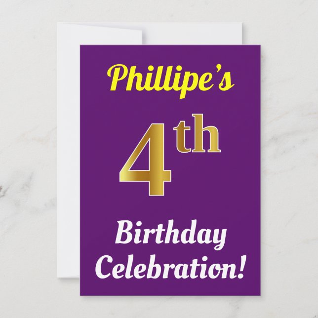 Purple, Faux Gold 4th Birthday Celebration + Name Invitation (Front)