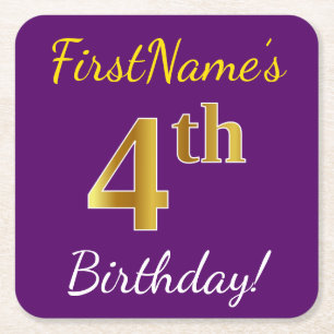 Purple, Faux Gold 4th Birthday + Custom Name Square Paper Coaster