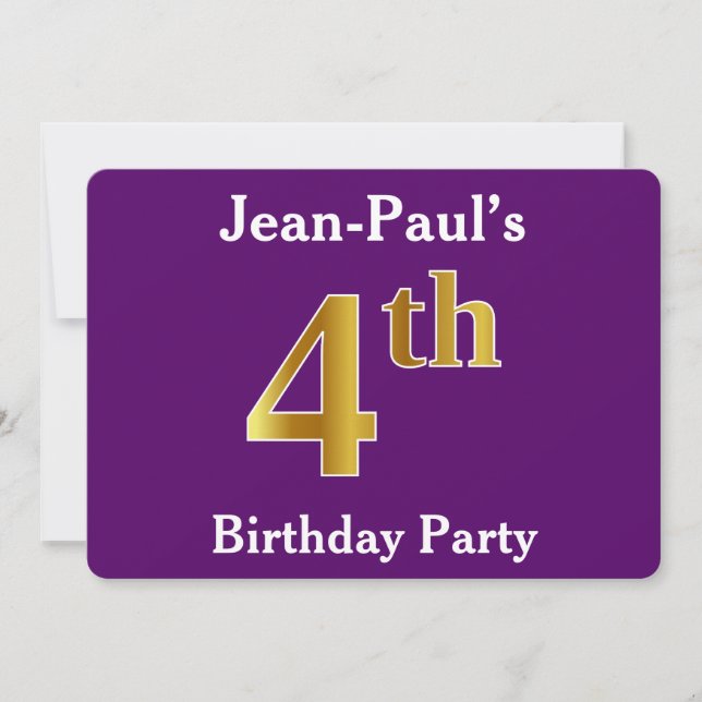 Purple, Faux Gold 4th Birthday Party + Custom Name Invitation (Front)