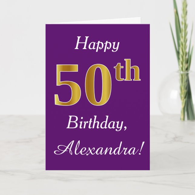 Purple, Faux Gold 50th Birthday + Custom Name Card (Front)