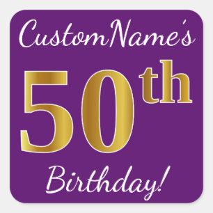 Purple, Faux Gold 50th Birthday + Custom Name Square Sticker