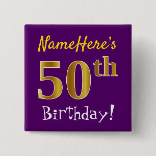 Purple, Faux Gold 50th Birthday, With Custom Name 15 Cm Square Badge
