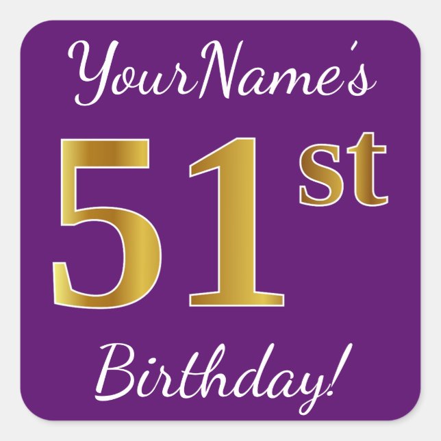 Purple, Faux Gold 51st Birthday + Custom Name Square Sticker (Front)