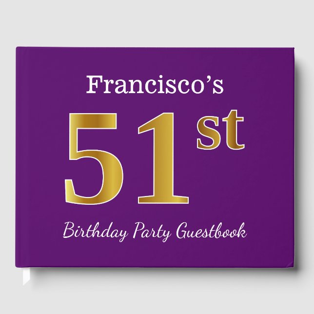 Purple, Faux Gold 51st Birthday Party; Custom Name Guest Book (Front)