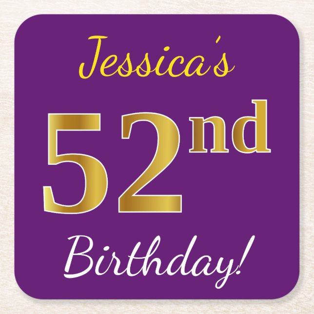 Purple, Faux Gold 52nd Birthday + Custom Name Square Paper Coaster (Front)