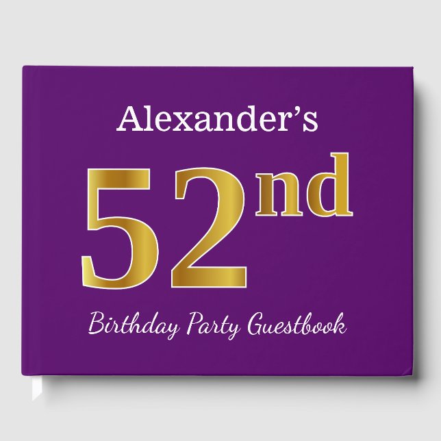 Purple, Faux Gold 52nd Birthday Party; Custom Name Guest Book (Front)