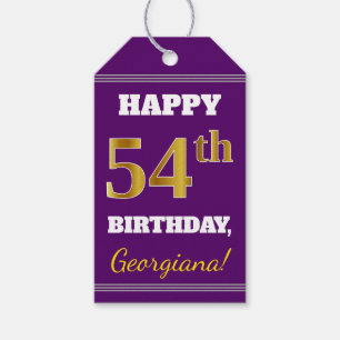 Purple, Faux Gold 54th Birthday + Custom Name Gift Tags