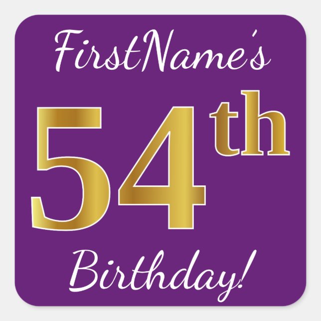Purple, Faux Gold 54th Birthday + Custom Name Square Sticker (Front)