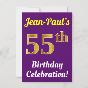 Purple, Faux Gold 55th Birthday Celebration + Name Invitation