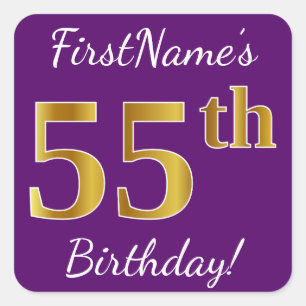 Purple, Faux Gold 55th Birthday + Custom Name Square Sticker