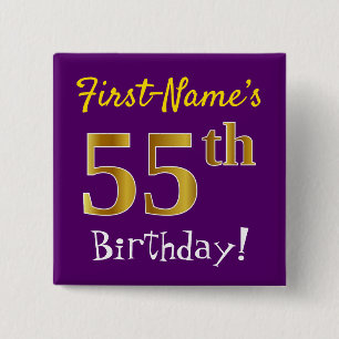 Purple, Faux Gold 55th Birthday, With Custom Name 15 Cm Square Badge