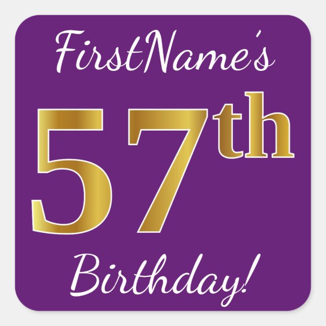 Purple, Faux Gold 57th Birthday + Custom Name Square Sticker (Front)
