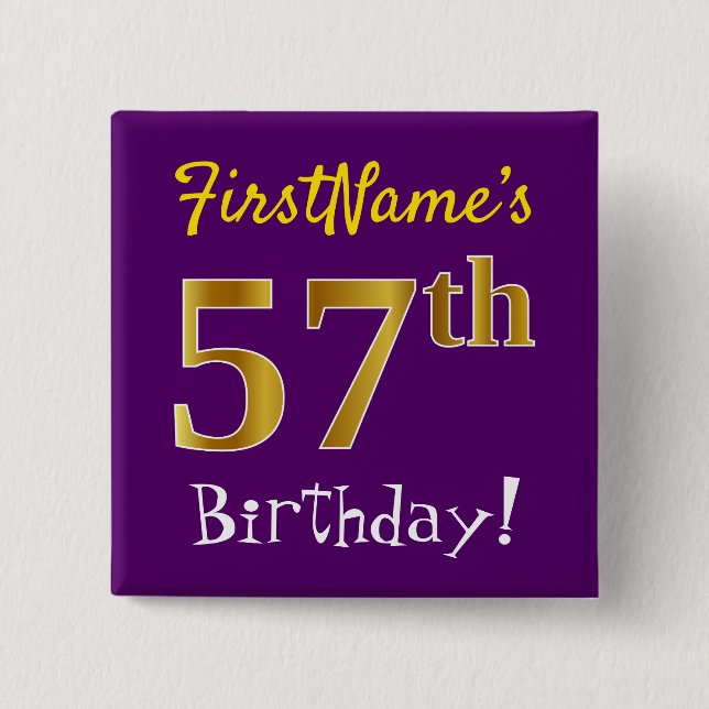 Purple, Faux Gold 57th Birthday, With Custom Name 15 Cm Square Badge (Front)