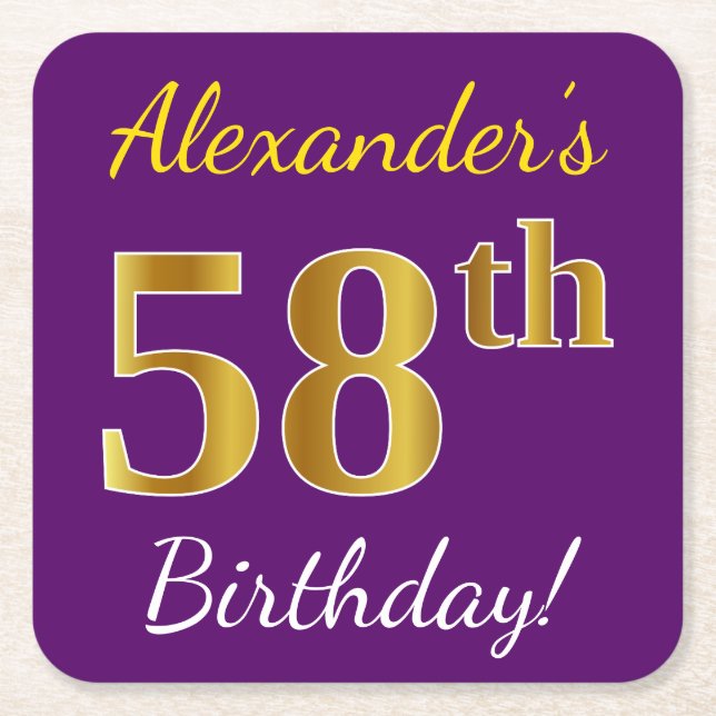 Purple, Faux Gold 58th Birthday + Custom Name Square Paper Coaster (Front)