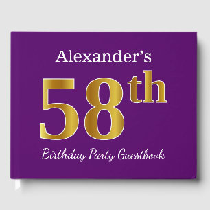 Purple, Faux Gold 58th Birthday Party; Custom Name Guest Book